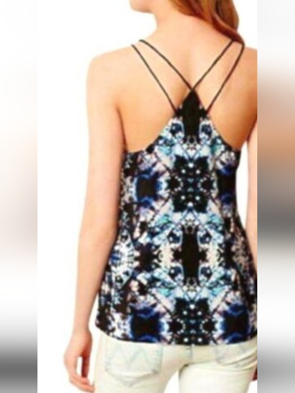 Aryn K 100% Silk Strappy Back Abstract Graphic Black & Blue Cami Top Size Small